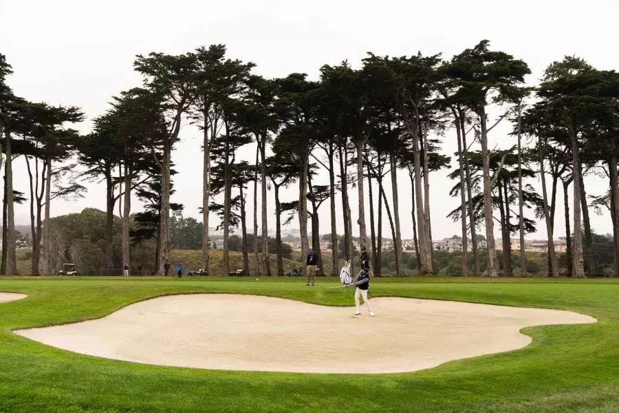 加州贝博体彩appTPC哈丁公园高尔夫球场的沙坑里的高尔夫球手.